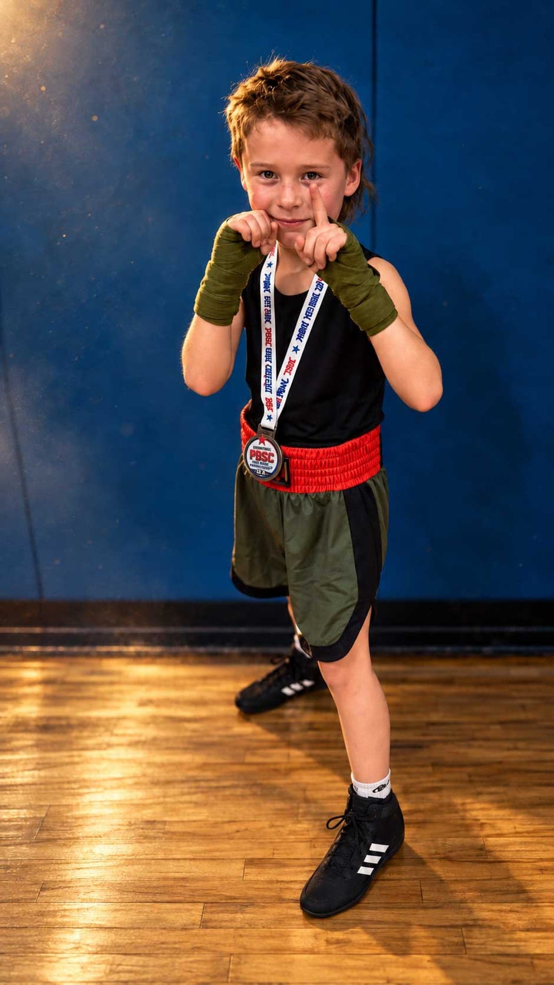 A young PBSC athlete with a medal, hands up