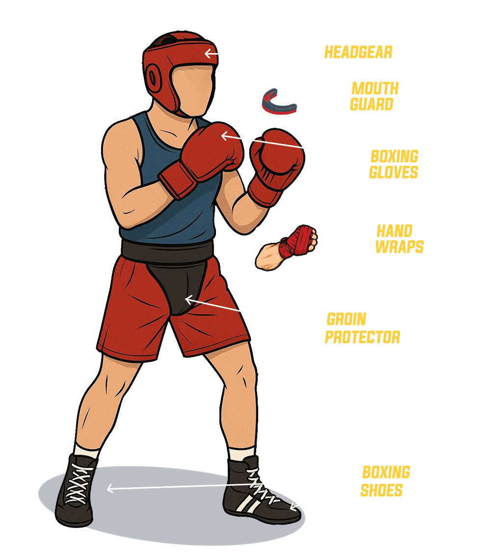 PBSC required equipment: headgear, mouth guard, boxing gloves, hand wraps, groin protector, boxing shoes